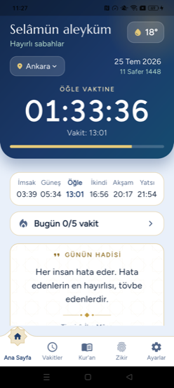 İbadet Vakti Pro ana ekranı — selamlama, hava durumu ve sonraki vakit geri sayımı