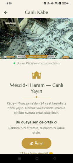 Canlı Kâbe yayını ve Âmin butonu