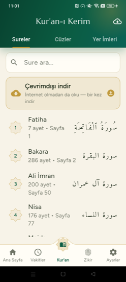 İbadet Vakti Pro Kur'an-ı Kerim ekranı — sure listesi ve çevrimdışı indirme