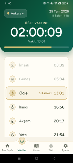 İbadet Vakti Pro namaz vakitleri ekranı — geri sayım ve günün vakitleri